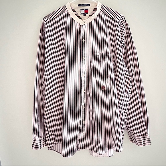 Vtg Tommy Hilfiger grandad Shirt Sz XL Crest Striped Poplin Band Collar preppy - Picture 2 of 16